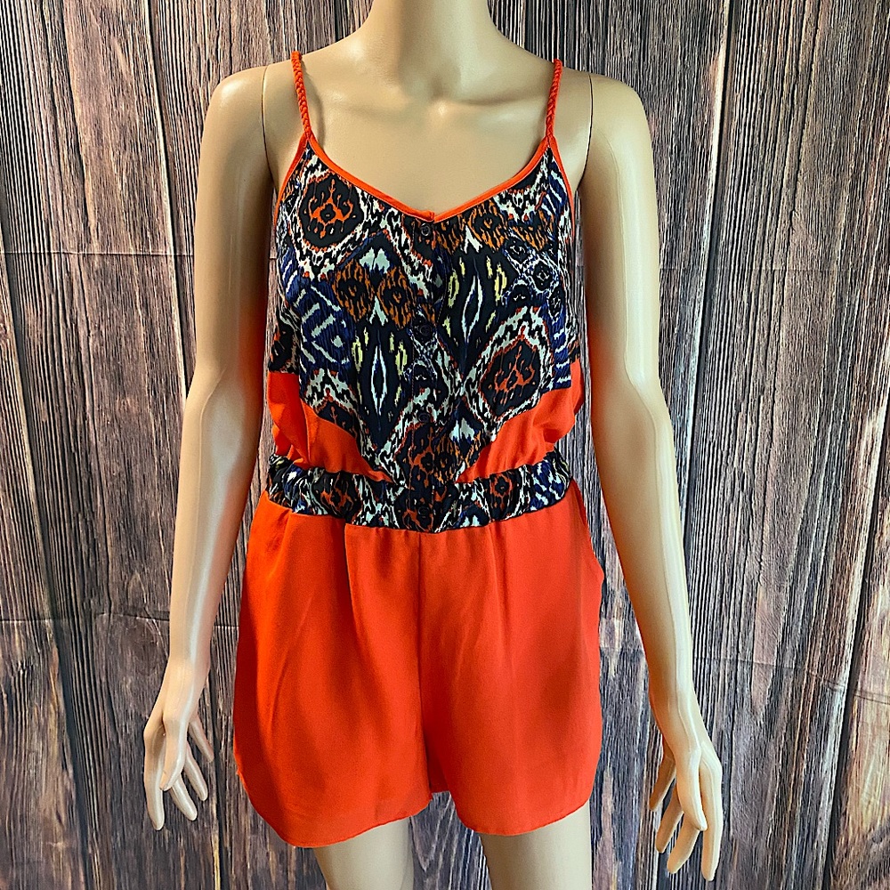 THML size small ruby red & blue pattern summer romper button down